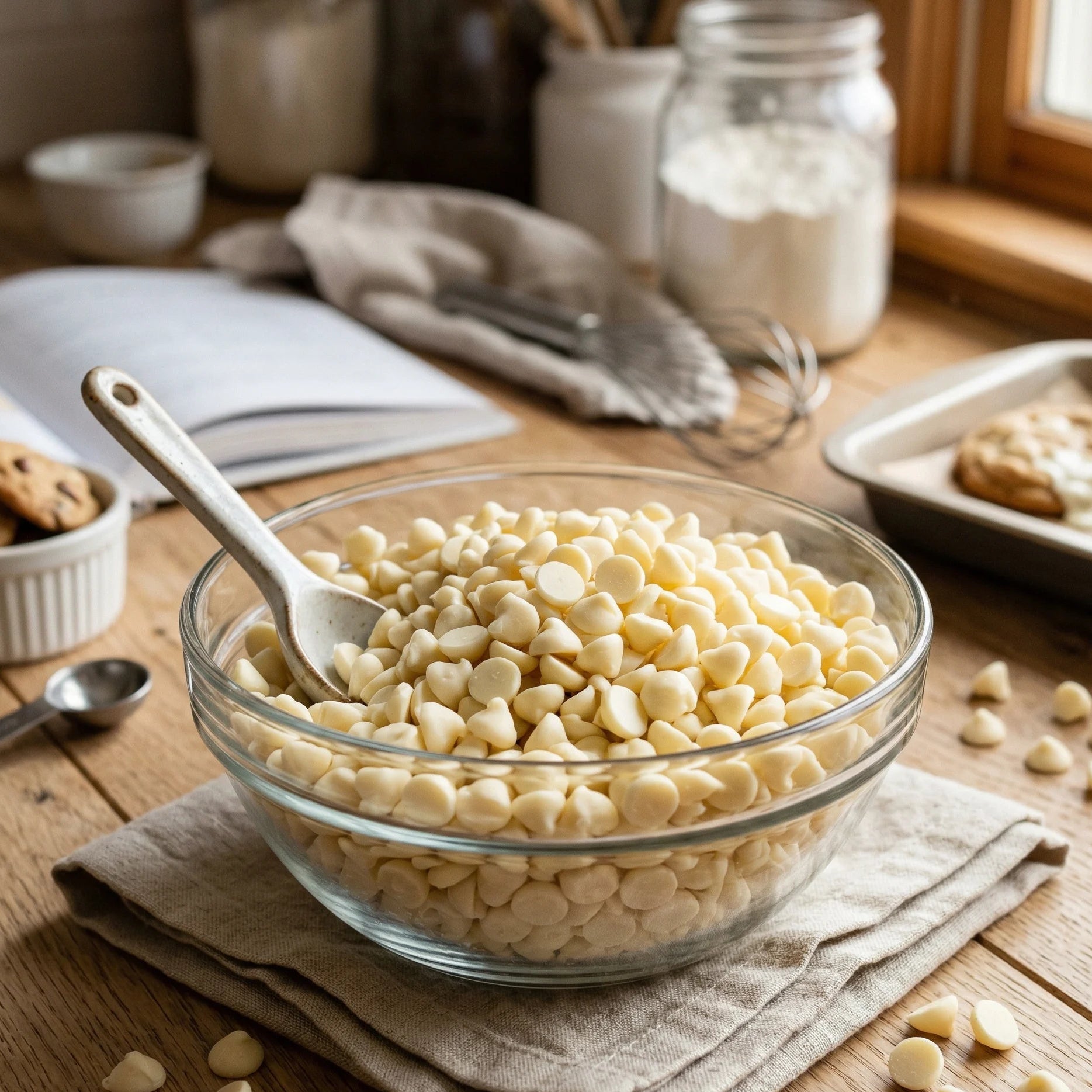 Glass bowl of white chocolate chips on a wooden table with baking ingredients in the background.