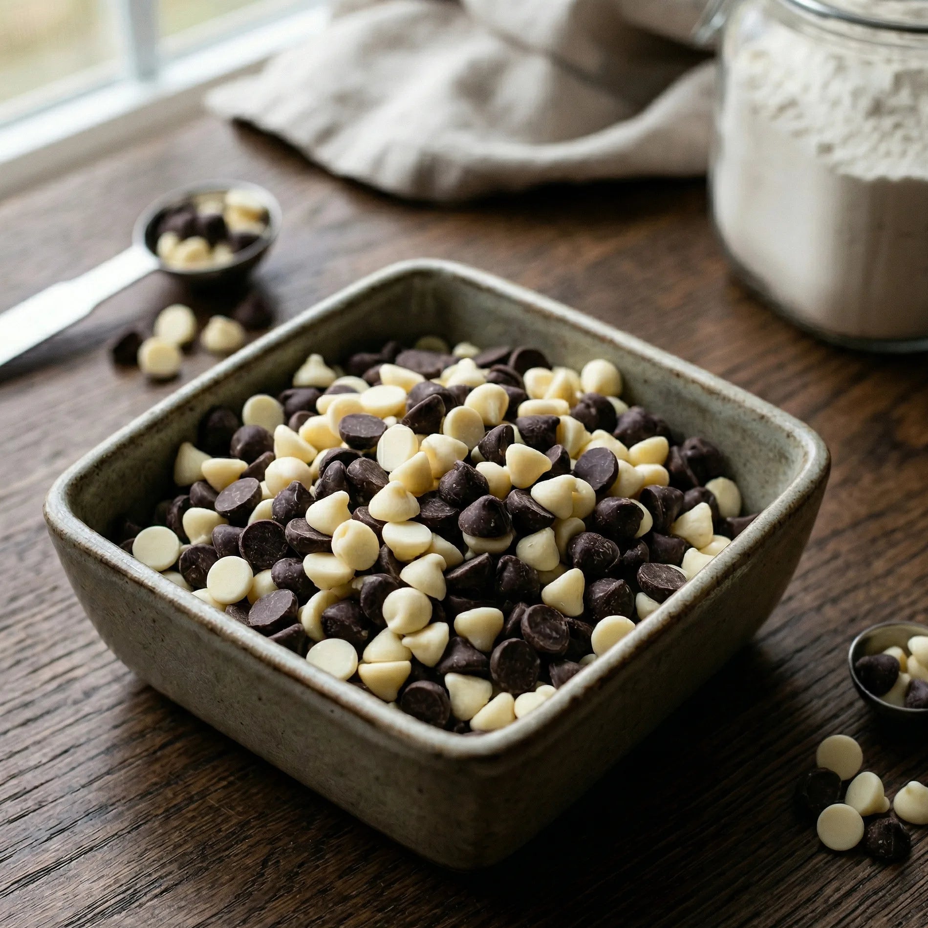 Bowl of chocolate and white chips on a wooden table with measuring spoons and flour container.