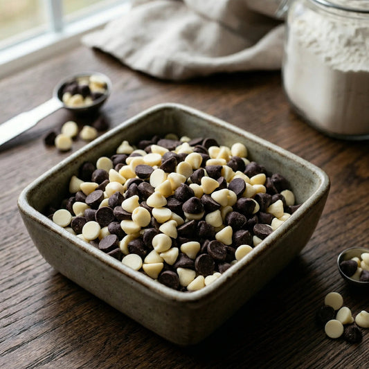 Bowl of chocolate and white chips on a wooden table with measuring spoons and flour container.
